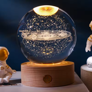 3D Crystal Ball Galaxy Lamp with Wooden Base